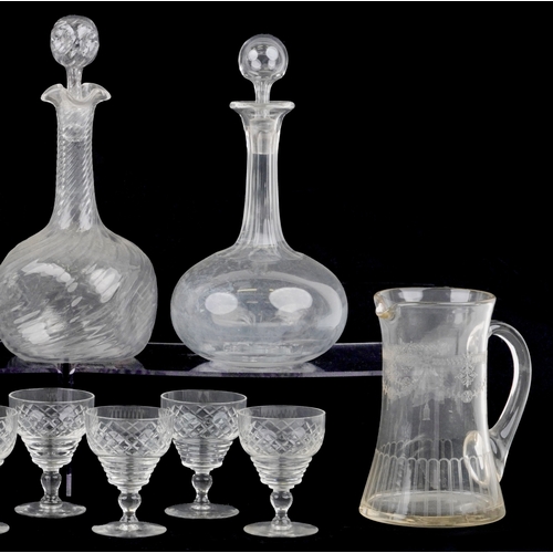 1728 - Antique and later glassware including decanters, sherry glasses and an urn shaped vase, the largest ... 