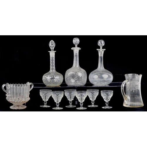 1728 - Antique and later glassware including decanters, sherry glasses and an urn shaped vase, the largest ... 