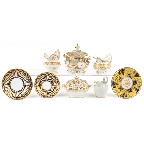 429 - 19th century porcelain including Davenport saucers and sugar bowl with hand painted floral decoratio... 
