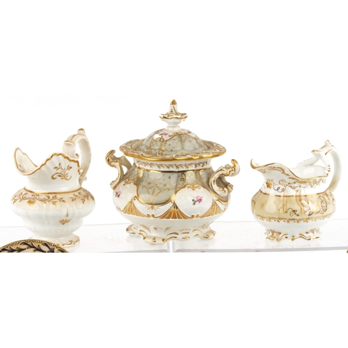 429 - 19th century porcelain including Davenport saucers and sugar bowl with hand painted floral decoratio... 