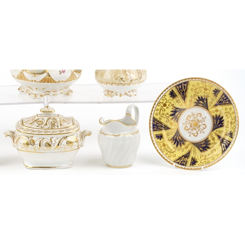 429 - 19th century porcelain including Davenport saucers and sugar bowl with hand painted floral decoratio... 