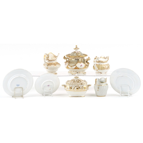429 - 19th century porcelain including Davenport saucers and sugar bowl with hand painted floral decoratio... 
