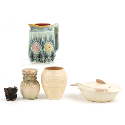 648 - 20th century pottery including a Royal Copenhagen bear cub, a Majolica picture and a Shorter & Sons ... 