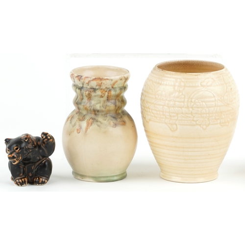 648 - 20th century pottery including a Royal Copenhagen bear cub, a Majolica picture and a Shorter & Sons ... 