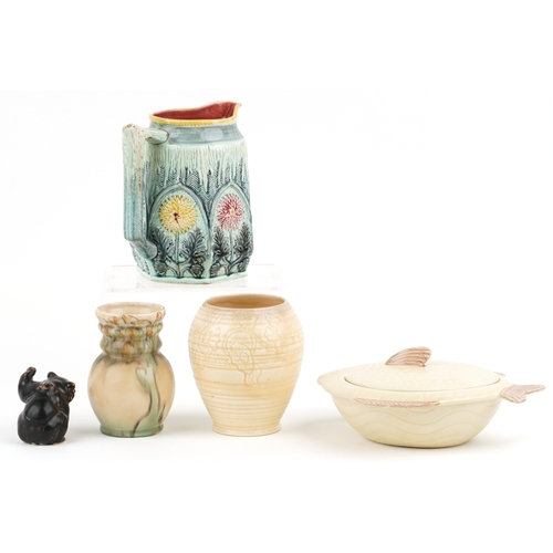 648 - 20th century pottery including a Royal Copenhagen bear cub, a Majolica picture and a Shorter & Sons ... 