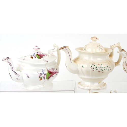 430 - 19th century English porcelain teapots and milk jugs, each with hand painted decoration, the largest... 