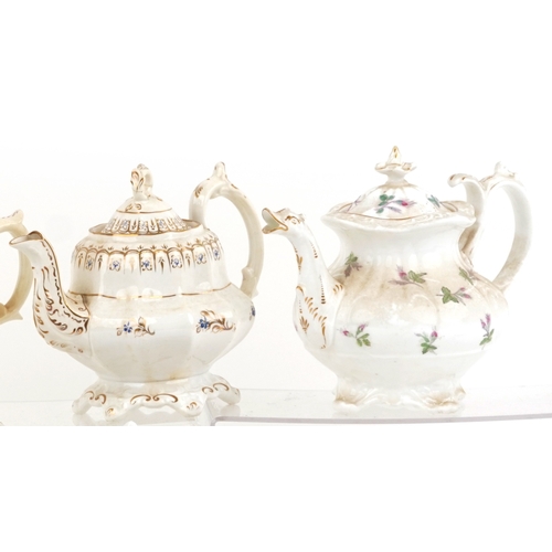 430 - 19th century English porcelain teapots and milk jugs, each with hand painted decoration, the largest... 