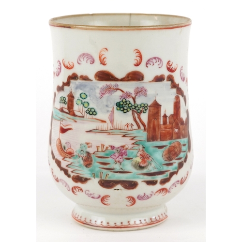 353 - A Chinese export porcelain tankard with metal handle hand painted with a European scene, 16cm high.