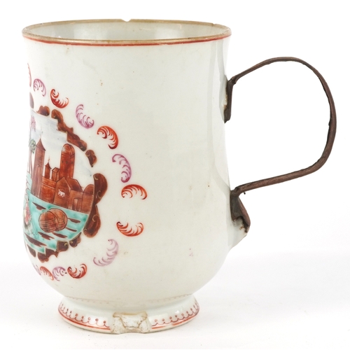 353 - A Chinese export porcelain tankard with metal handle hand painted with a European scene, 16cm high.