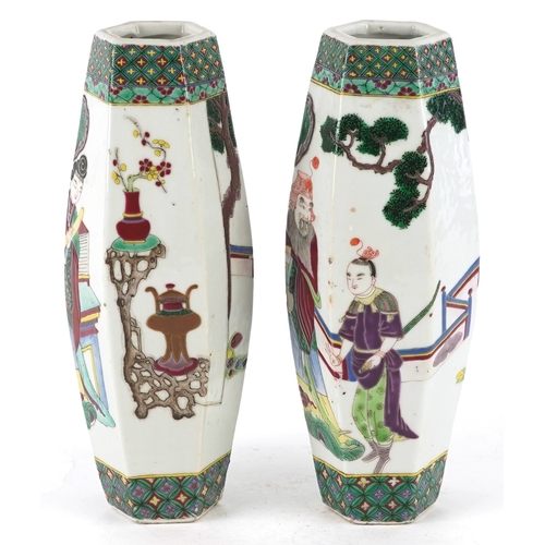 137 - A pair of Chinese porcelain hexagonal vases hand painted with an emperor and attendants, four figure... 