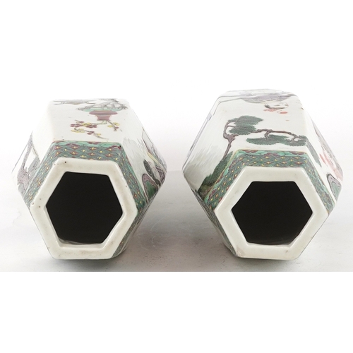 137 - A pair of Chinese porcelain hexagonal vases hand painted with an emperor and attendants, four figure... 