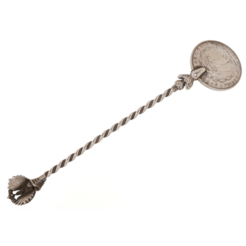 3664 - A USA 1899 silver Morgan dollar spoon, 18cm in length, 51.4g.