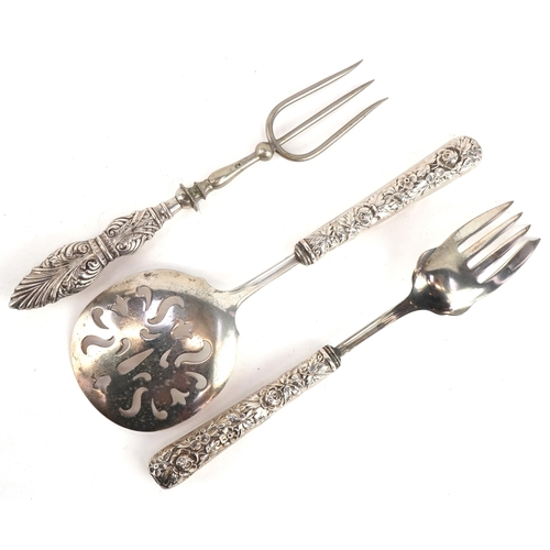 3652 - A pair of GHF sterling silver handled salad servers together with a Crisford & Norris silver handled... 