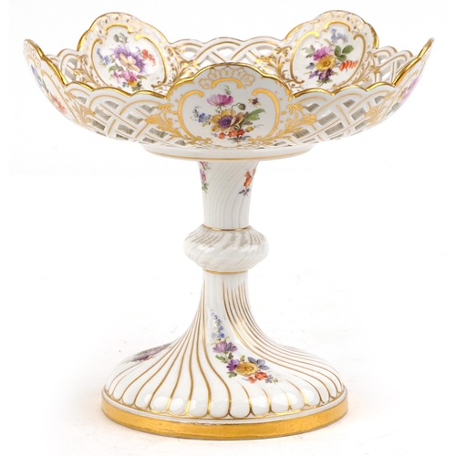 28 - A 19th century Meissen German porcelain footed compote bowl with pierced rim and hand painted floral... 