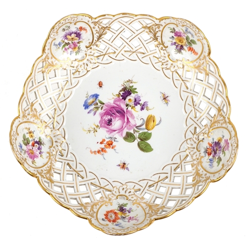 28 - A 19th century Meissen German porcelain footed compote bowl with pierced rim and hand painted floral... 
