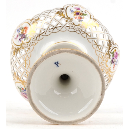 28 - A 19th century Meissen German porcelain footed compote bowl with pierced rim and hand painted floral... 