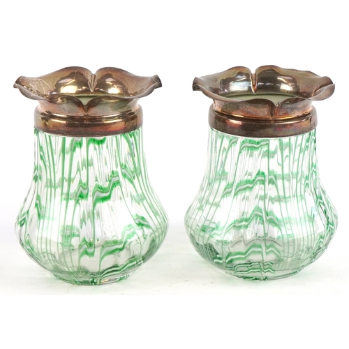 219 - William Hutton & Sons, a pair of Art Nouveau glass vases with silver collars, Birmingham 1903, each ... 