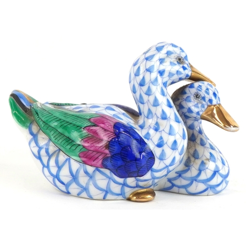 611 - Herend, a Hungarian porcelain figure group of two ducks hand painted in the Fishnet pattern, 11.5cm ... 