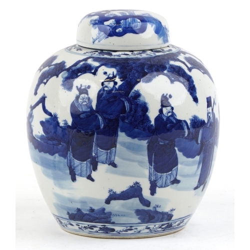 87 - A Chinese blue and white porcelain ginger jar hand painted with elders within a rural landscape, cha... 
