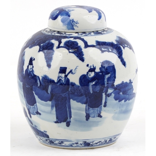 87 - A Chinese blue and white porcelain ginger jar hand painted with elders within a rural landscape, cha... 