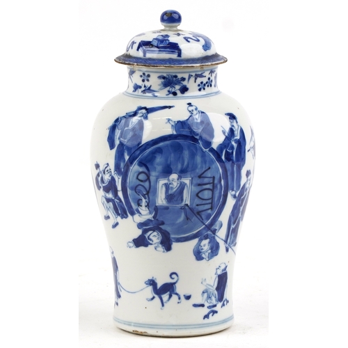 89 - A Chinese porcelain blue and white baluster vase and cover hand painted with figures, character mark... 