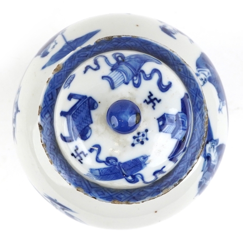 89 - A Chinese porcelain blue and white baluster vase and cover hand painted with figures, character mark... 