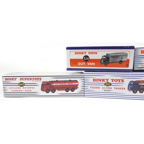 704 - Four as new reproduction Dinky Toys diecast vehicles with boxes and a vintage Guy 4 Ton Lorry number... 