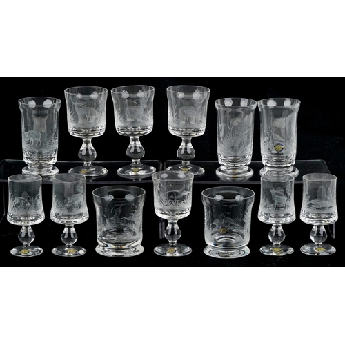 1749 - A collection of Kaspar Bleikristall crystal glasses acid etched with game animals, the largest 15cm ... 
