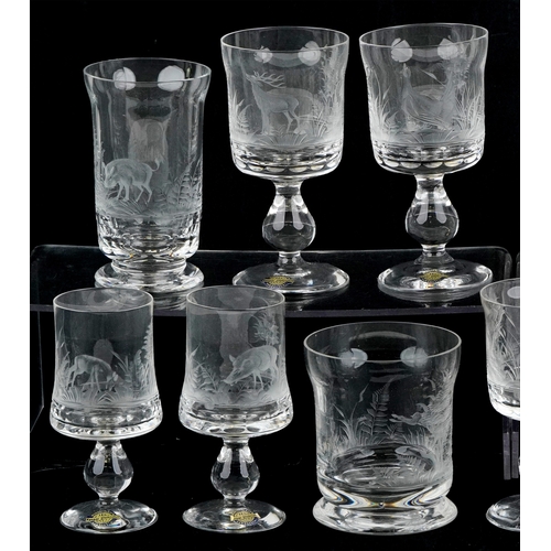 1749 - A collection of Kaspar Bleikristall crystal glasses acid etched with game animals, the largest 15cm ... 
