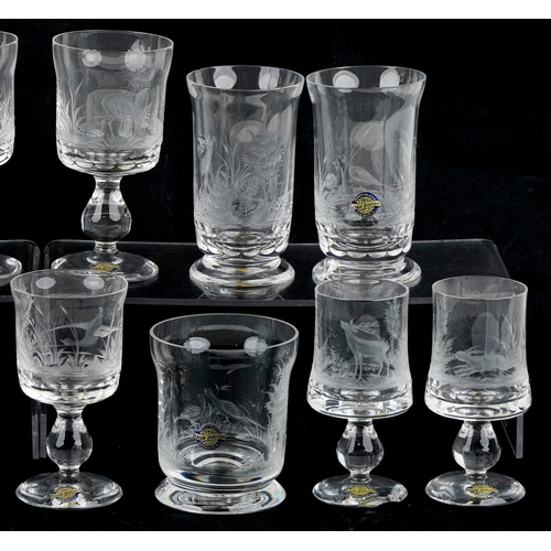 1749 - A collection of Kaspar Bleikristall crystal glasses acid etched with game animals, the largest 15cm ... 