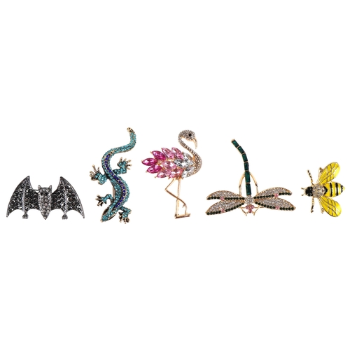 3386 - Five jewelled brooches in the form of animals comprising an enamelled bumble bee, flamingo, bat, dra... 