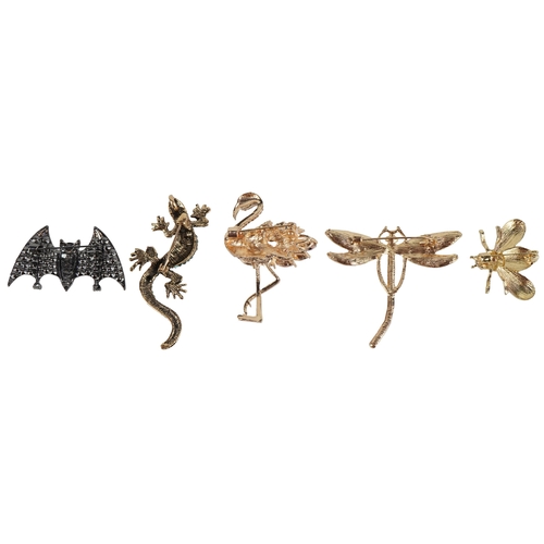 3386 - Five jewelled brooches in the form of animals comprising an enamelled bumble bee, flamingo, bat, dra... 