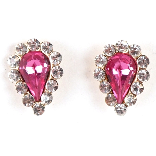3125 - A pair of 9ct gold pink and white Austrian crystal teardrop stud earrings, 1.2cm high, total 0.8g.