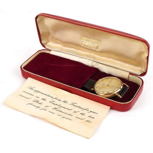 3130 - Vertex, a gentlemen's 9ct gold Vertex Revue manual wind wristwatch with box and presentation card, t... 