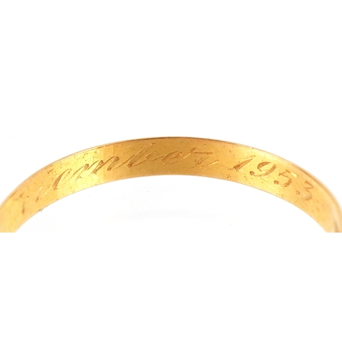 3049 - An Elizabeth II 22ct gold wedding band, London 1953, size X, 2.0g.