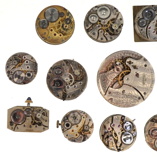 3543 - Antique and later watch movements including Waltham, James Mess & Son, Record and Timor