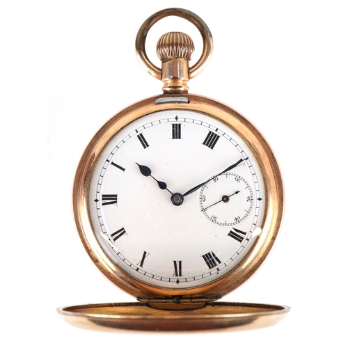 3200 - A gentlemen's gold plated top wind half hunter pocket watch having enamelled dial with Roman numeral... 