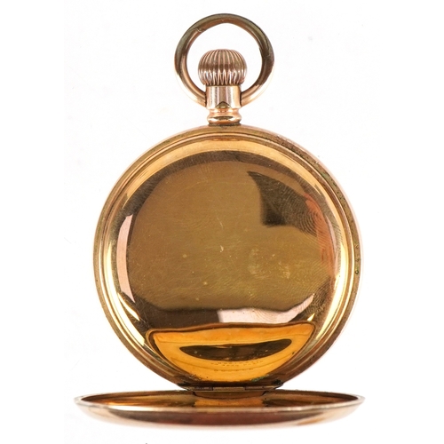 3200 - A gentlemen's gold plated top wind half hunter pocket watch having enamelled dial with Roman numeral... 
