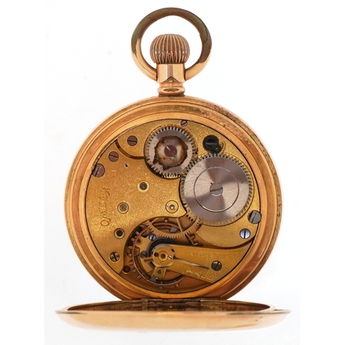 3200 - A gentlemen's gold plated top wind half hunter pocket watch having enamelled dial with Roman numeral... 