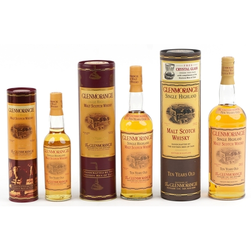 1004 - Three bottles of Glenmorangie 10 Year Old Single Highland Scotch Malt whisky, one with free crystal ... 