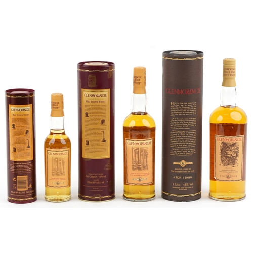 1004 - Three bottles of Glenmorangie 10 Year Old Single Highland Scotch Malt whisky, one with free crystal ... 