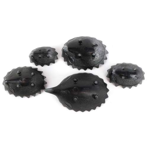 214 - In the manner of Walter Bosse, a graduated set of five bronzed ashtrays in the form of Hedgehogs, th... 