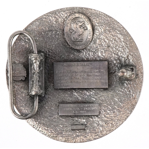 1844 - Dragon Designs Tanside, a white metal and enamel Celtic cross belt buckle, 8cm in diameter.