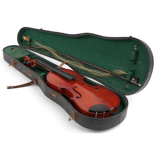 2577 - An old wooden violin with two piece back with bow and protective case, the violin back 13 3/4 inches... 