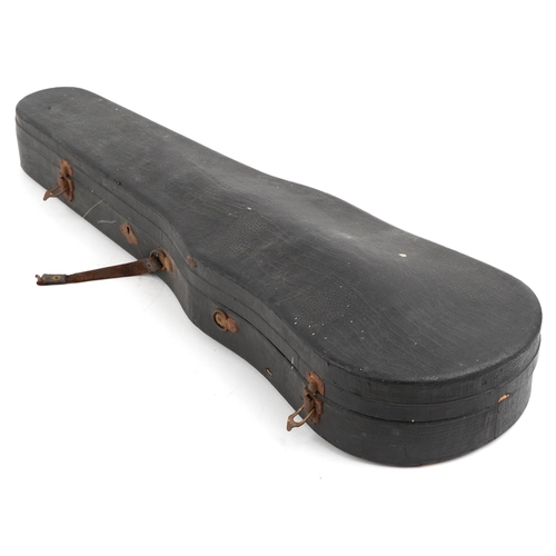 2577 - An old wooden violin with two piece back with bow and protective case, the violin back 13 3/4 inches... 