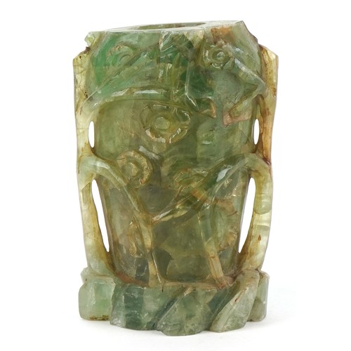 459 - A Chinese green quartz naturalistic carved lamp base, 16cm high.