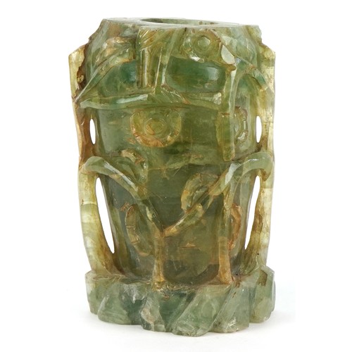 459 - A Chinese green quartz naturalistic carved lamp base, 16cm high.
