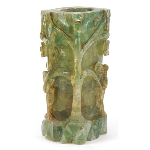 459 - A Chinese green quartz naturalistic carved lamp base, 16cm high.