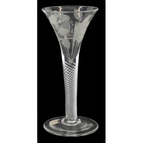 39 - An 18th century Jacobite wine glass with twist stem and an etched rose, 16cm high, former Leonard Fu... 