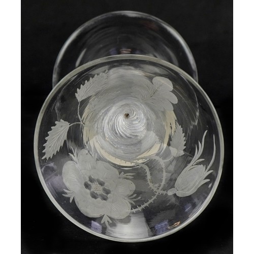 39 - An 18th century Jacobite wine glass with twist stem and an etched rose, 16cm high, former Leonard Fu... 